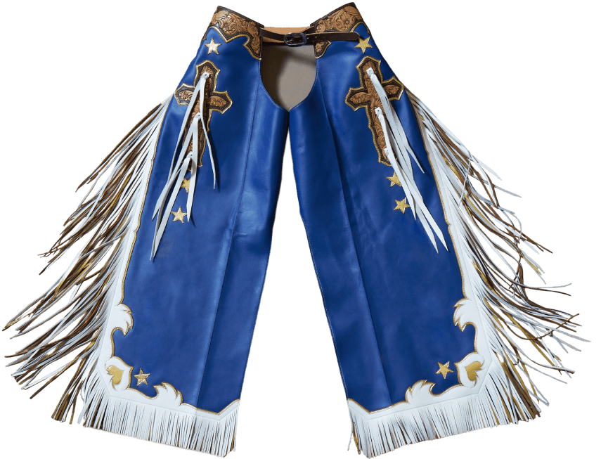 Blue chaps with white fringe